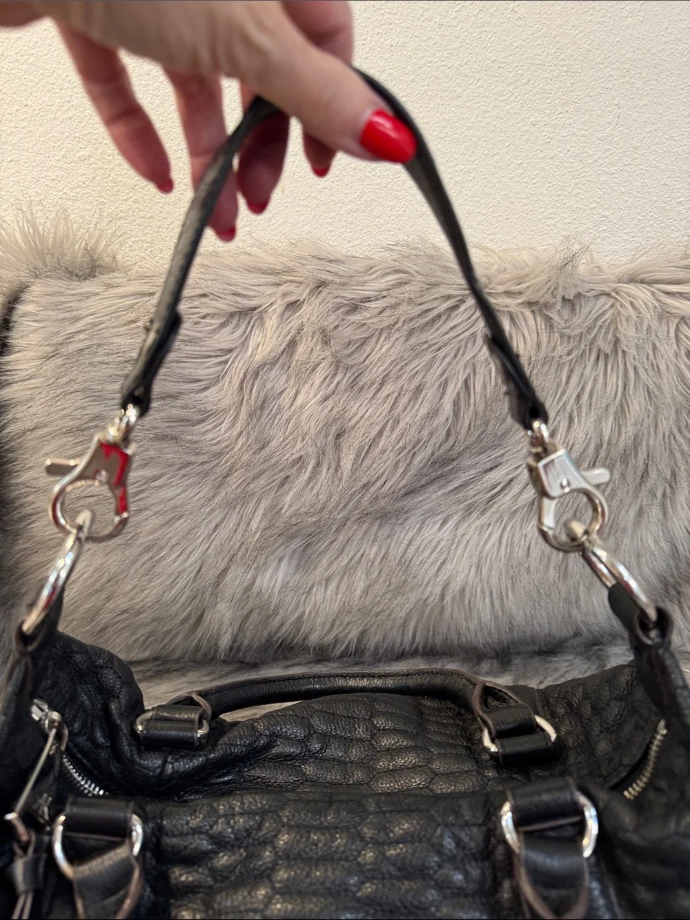 Aimee Kestenberg Women’s Black Textured Leather Satchel/Shoulder Bag with tassel
